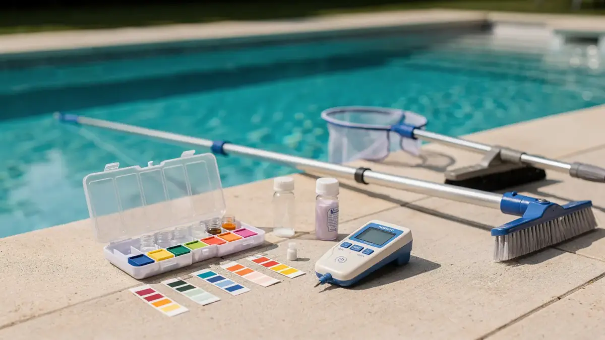 Poolwartung mit pH-Teststreifen und Messgerät zum richtigen Einstellen des pH-Werts am Saisonstart