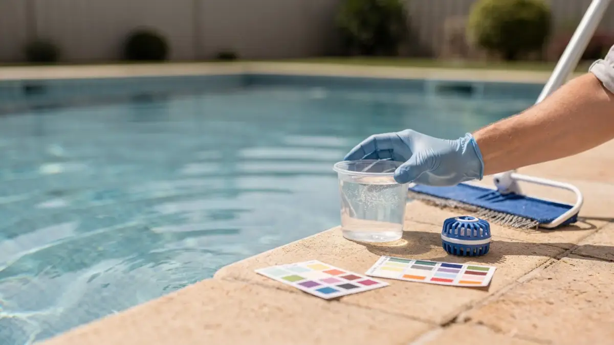 Pool-Start mit Teststreifen, Dosiergerät und Chemiebehälter für die Stoßchlorung