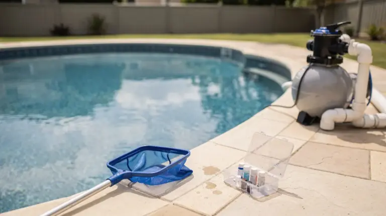 Klare und trübe Poolwasser-Zone mit Filtergerät und Testkit zum Thema Poolwasser klar werden