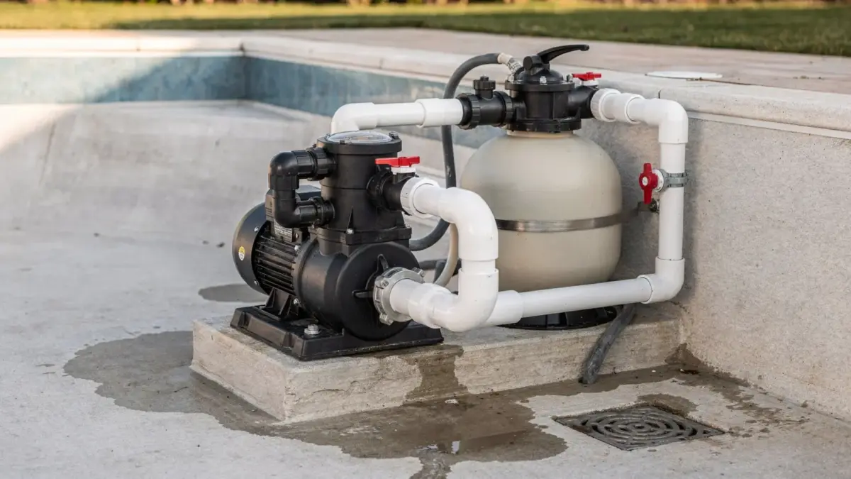 Pooltechnik vor dem Winter: entleerte Pumpe, Filter und Leitungen im Technikraum