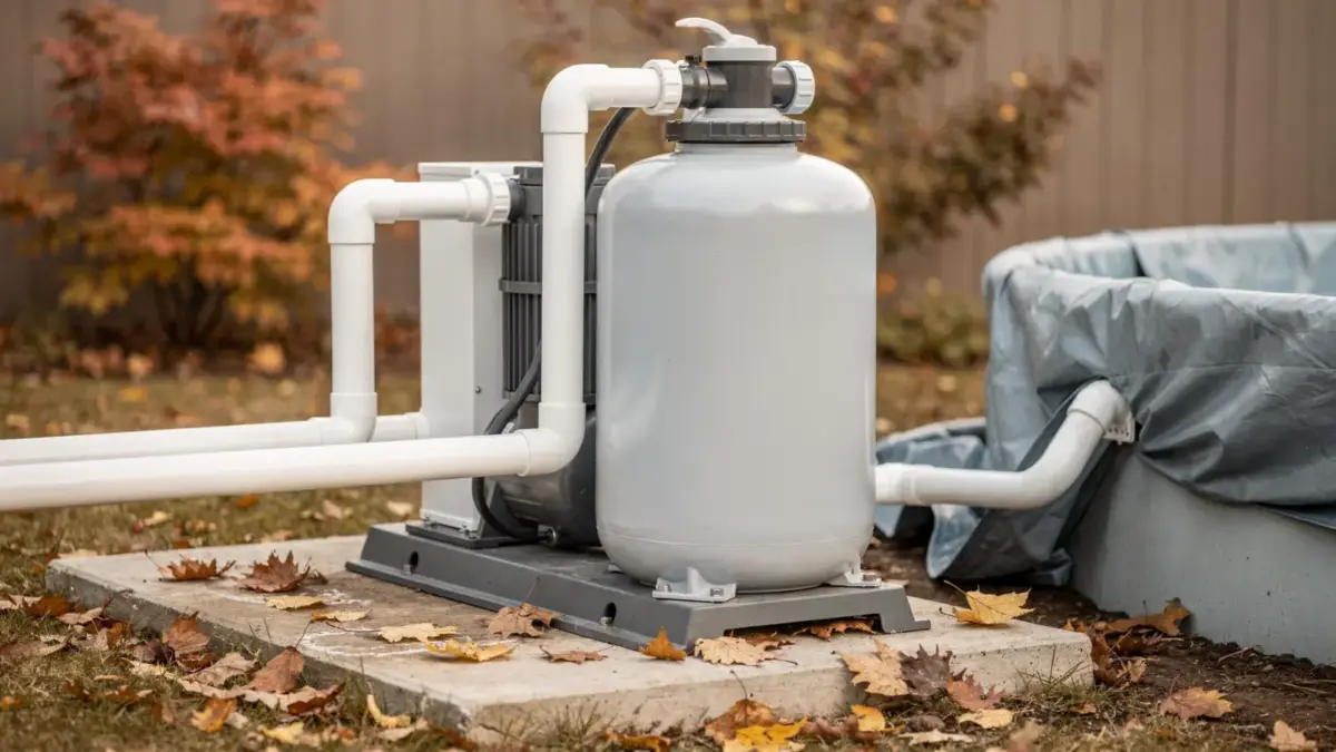 Poolpumpe und Pooltechnik mit Abdeckung zum Frostschutz im Winter