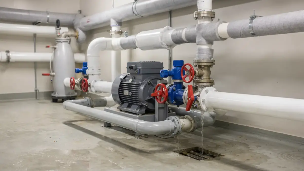 Poolleitungen entleeren: Technikraum mit Rohren, Ventilen und Filteranlage zur Frostsicherung