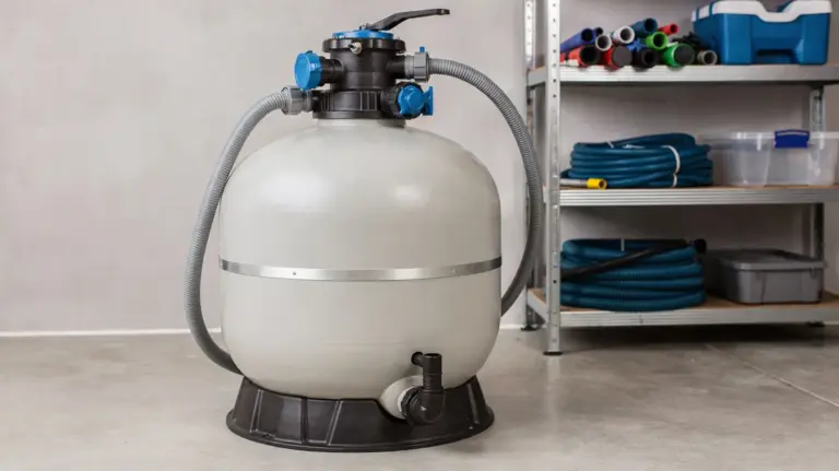 Sandfilter im Winter lagern: trockene Einlagerung eines Pool-Sandfilters im Abstellraum