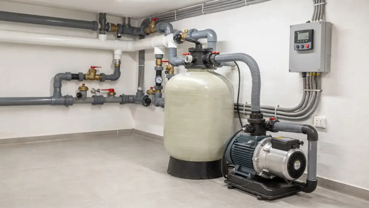 Pooltechnik installieren: Filteranlage, Pumpe und Rohranschlüsse in einem sauberen Technikraum