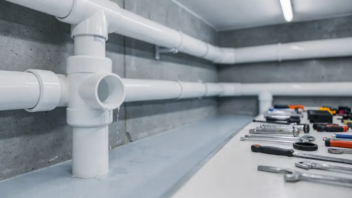 Undichtes Poolrohr mit feuchter PVC-Verbindung und Werkzeugen zur Reparatur