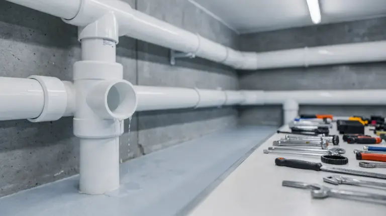 Undichtes Poolrohr mit feuchter PVC-Verbindung und Werkzeugen zur Reparatur