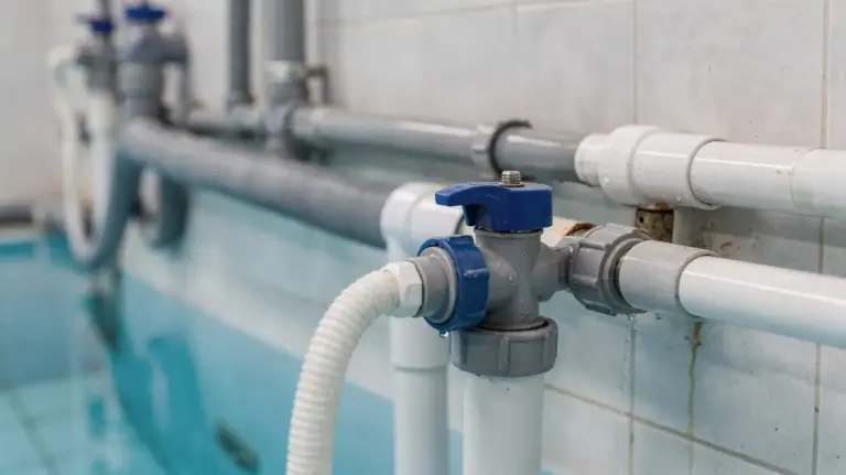 Undichter Poolanschluss mit Rohrverbindung und Wasserleck bei der Abdichtung und Reparatur