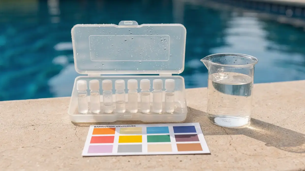 Pool-Testkit zur Wasserpflege mit Teststreifen, Reagenzgläsern und Farbskala am Beckenrand
