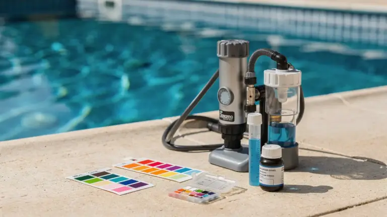 Dosierhilfe Pool mit Chlor-Dosiersystem, pH-Teststreifen und Poolrand für die Wasserpflege