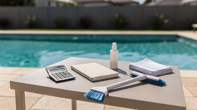Calculator, Notizbuch und Poolzubehör neben einem Gartenpool für die Kalkulation von Poolkosten.