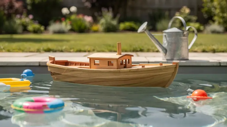Kind spielt mit einem Modellboot im Gartenpool unter Aufsicht, mit flachem Wasser und Poolspielzeug.