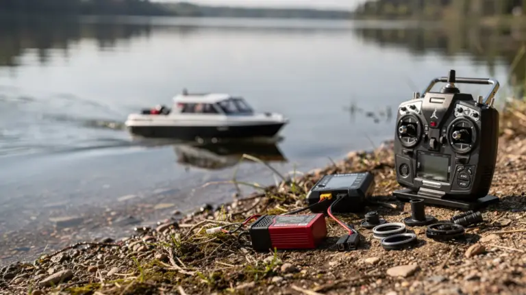 Ferngesteuertes Modellboot auf ruhigem Wasser neben Akku und Fernsteuerung am Ufer